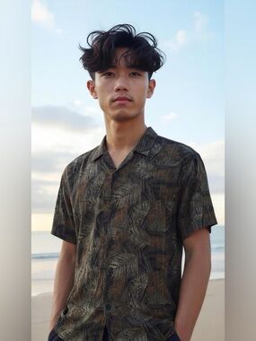 2/$20 Van Heusen Men's Leaf Print Shirt - Black and Brown